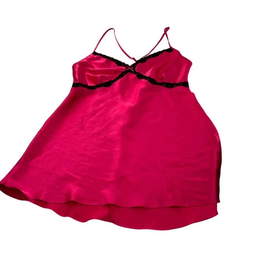 Ambrielle Hot Pink‎ Slip Nightgown Black Lace Trim XL Adjustable Straps Babydoll